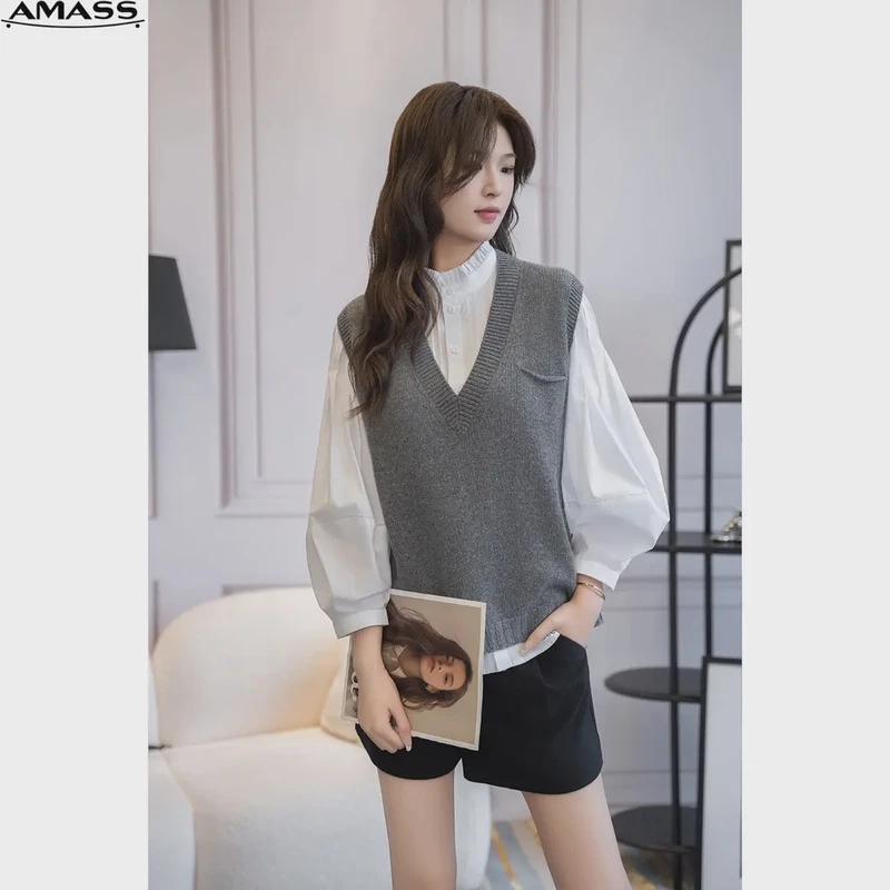 AMASS/阿玛施早秋新款轻职场V领针织马夹背心女时尚百搭 5399256