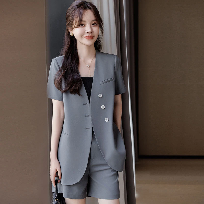 无领西装外套女士夏季薄款短袖气质通勤职业装西服短裤高级感休闲