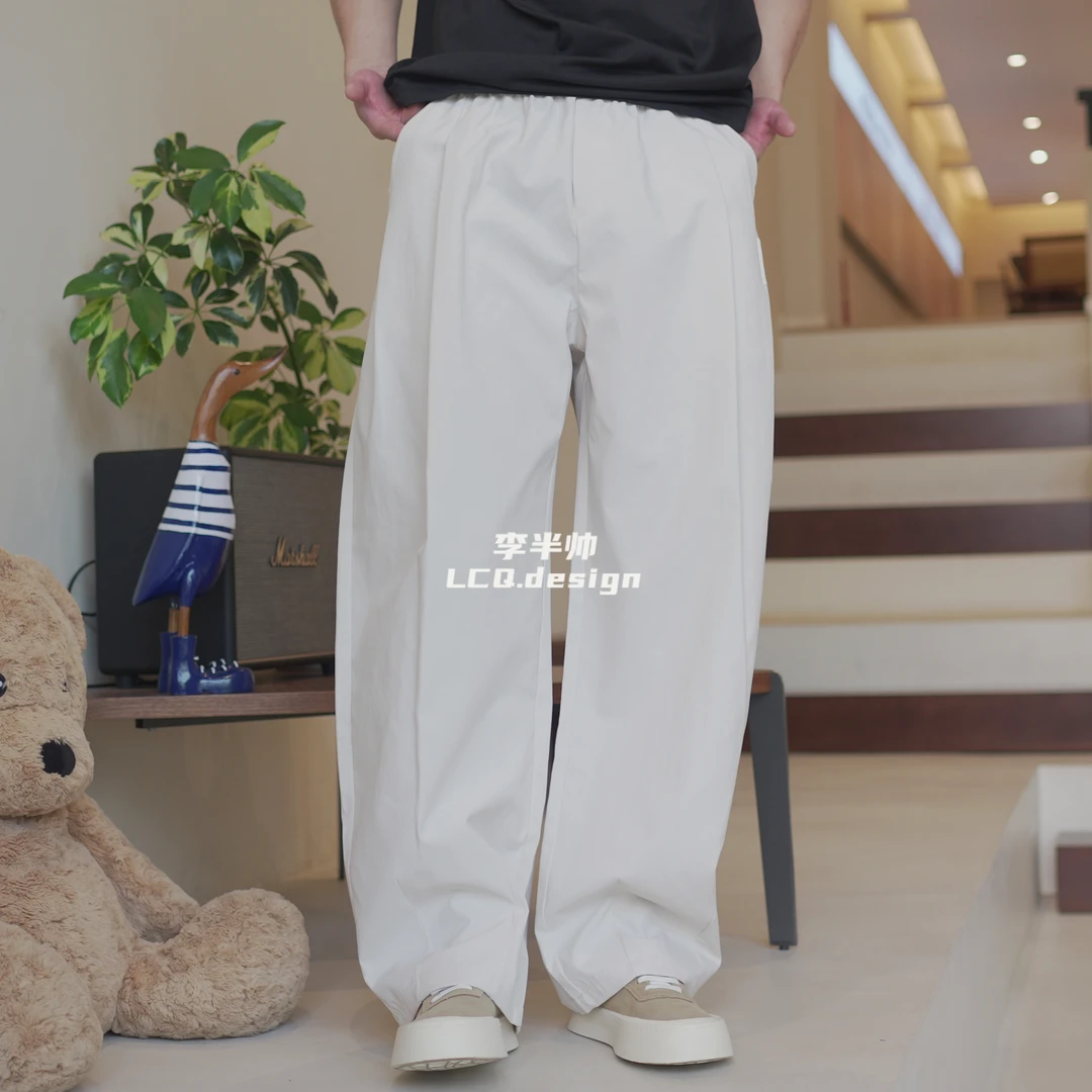 2025夏季男士宽松弯刀阔腿裤立体褶皱长裤男纯色夏季薄款休闲裤