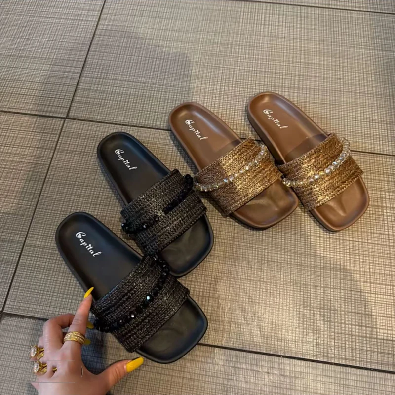 夏季好穿推荐~法式小香风水钻凉拖鞋女鞋外穿编麻平底一字拖凉鞋