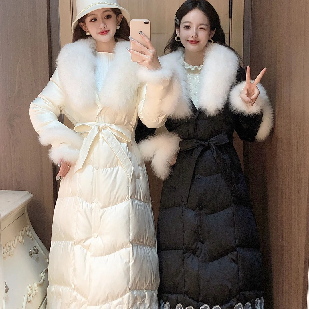 艾日秀高级感时尚气质蕾丝拼接宽松收腰加厚保暖中长款外套H0074