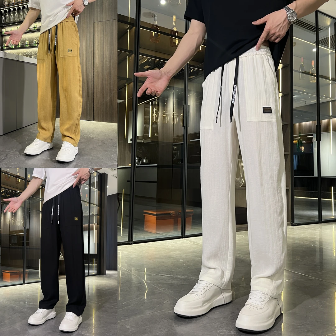 冰丝麻男裤百搭透气修身夏季休闲裤速干运动男士时尚小脚裤潮流款