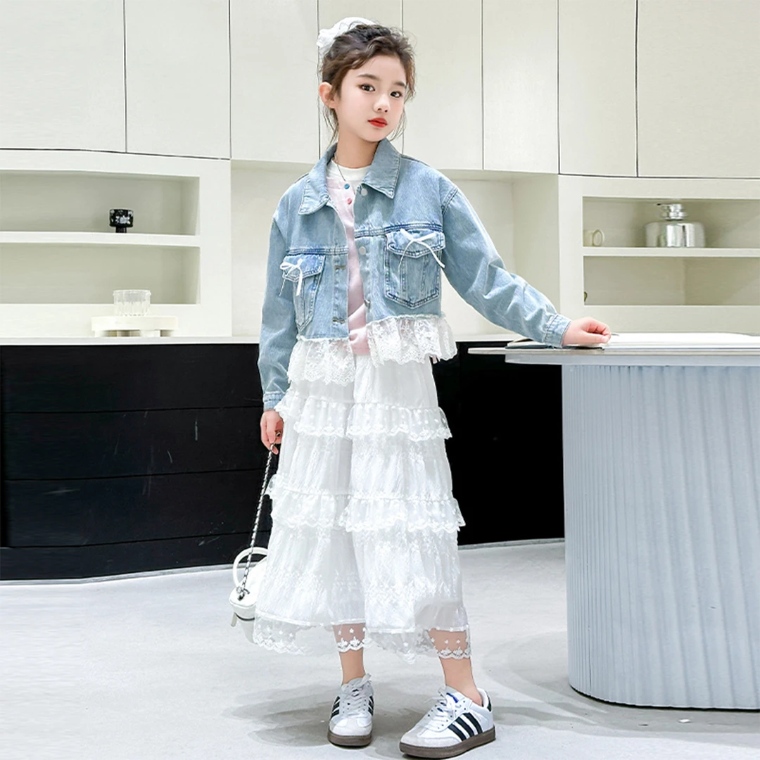 女童牛仔外套2025秋季新款儿童韩系洋气上衣女孩蕾丝花边短款套装