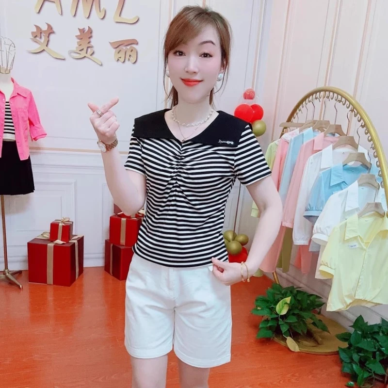 百搭海军领衬衫T恤女2025夏季新款洋气修身显瘦减龄时尚休闲短袖