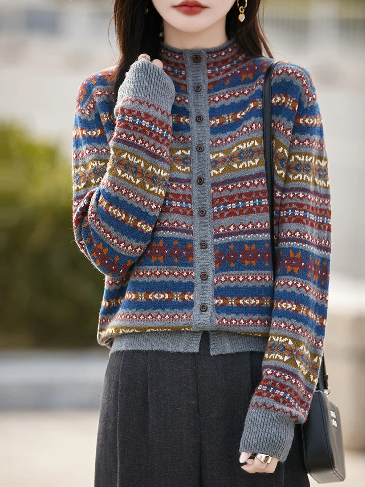 秋冬新款七色费尔岛提花七针浣熊绒开衫NSY431