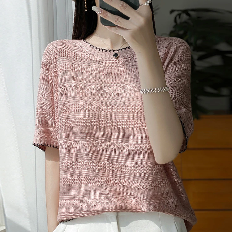 莱赛尔天丝圆领冰丝针织短袖夏季T恤女2025新款爆款宽松薄款上衣
