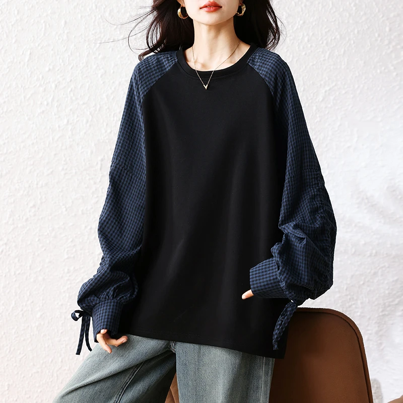 大码女装慵懒风假两件格子拼接中长款卫衣2025秋季款宽松百搭上衣