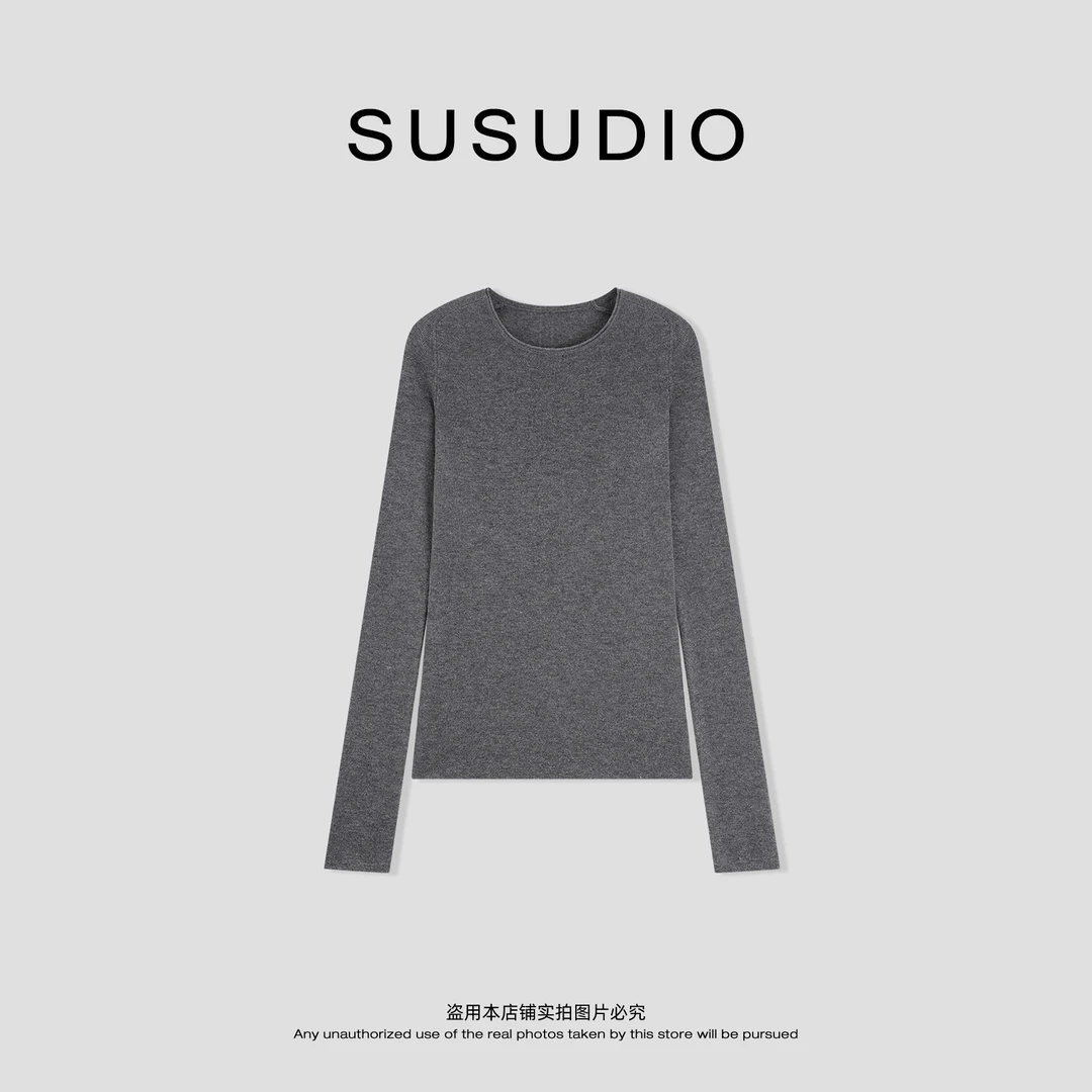 SUSUDIO 桑蚕丝+绵羊毛 纯色软糯亲肤圆领修身毛织打底10659