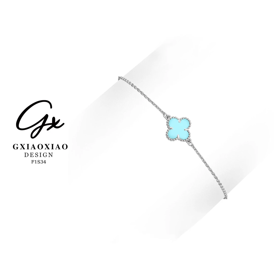 925银 镀K金 气质高级感轻奢百搭蓝色迷你单四叶花手链 F1S34