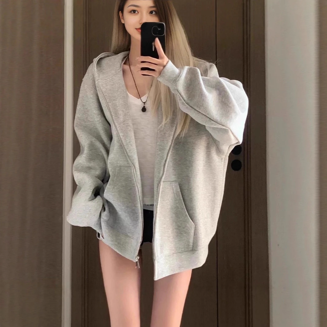 早秋加绒加厚慵懒风连帽卫衣女秋冬季宽松休闲开衫拉链外套