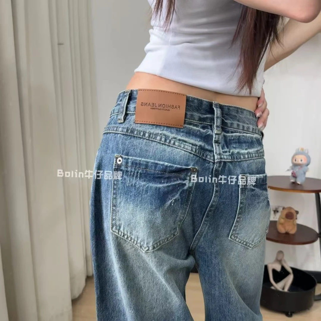 复古蓝窄版直筒中腰浅蓝显瘦高级设计洗水小众皮带阔腿牛仔裤子
