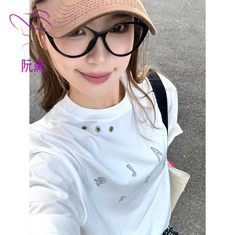 阮黛美式复古t恤女夏季音符刺绣圆领重磅短袖时尚休闲上衣高级感