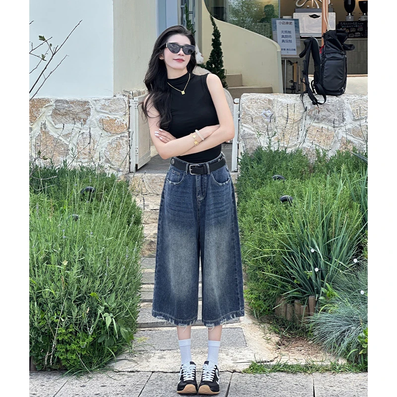 乔栈爆款美式复古水洗做旧七分阔腿牛仔裤女夏季薄款高腰宽松直筒