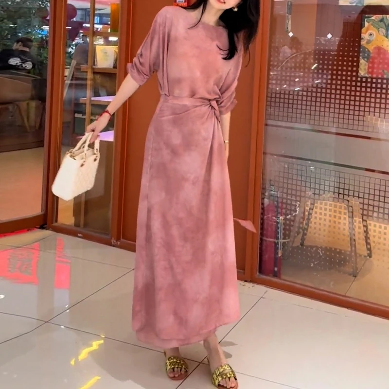 洋气优雅风晕染碎花绑带连衣裙女2025夏季新款长裙收腰显瘦裙子女