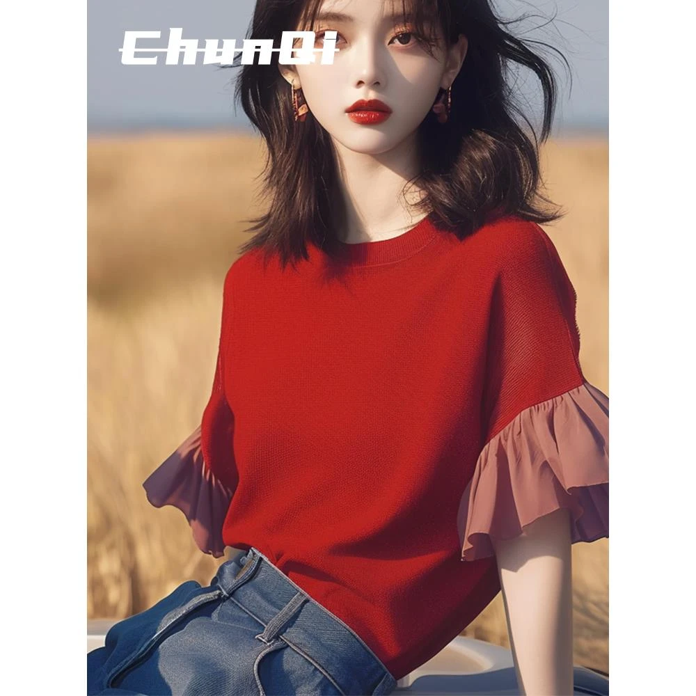 淳启夏季法式拼接复古甜辣妹荷叶边上衣设计感红色拼接短袖t恤女