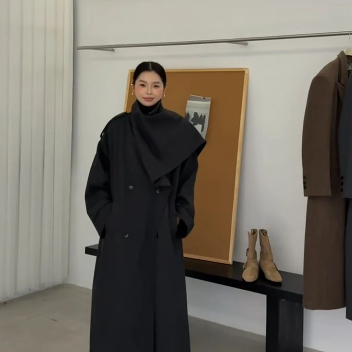 立领排扣插肩极简大衣