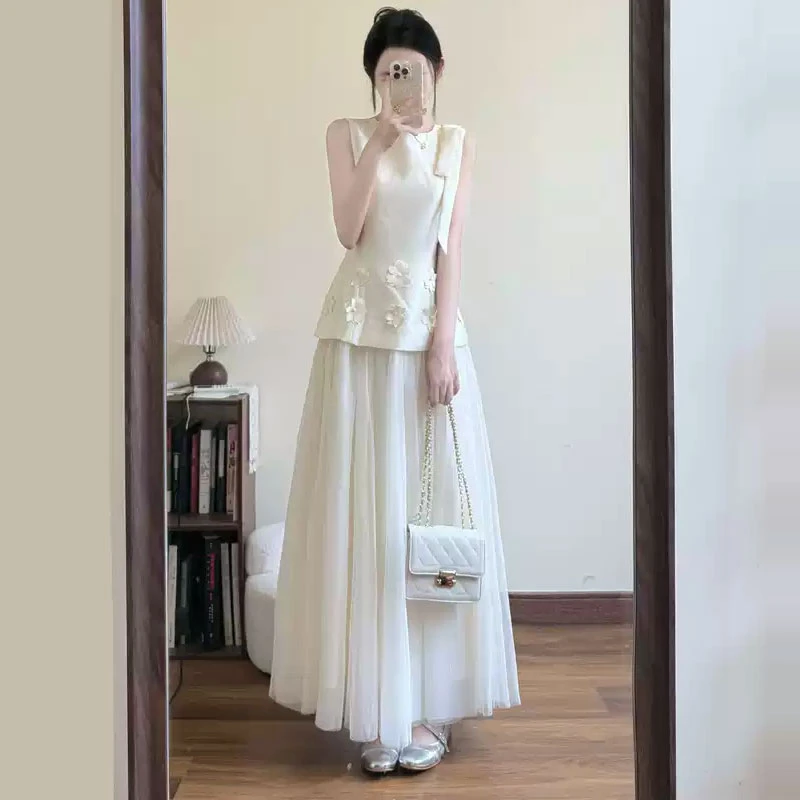 正品哥家法式假两件无袖连衣裙女夏季2025新款网纱拼接仙女长裙子