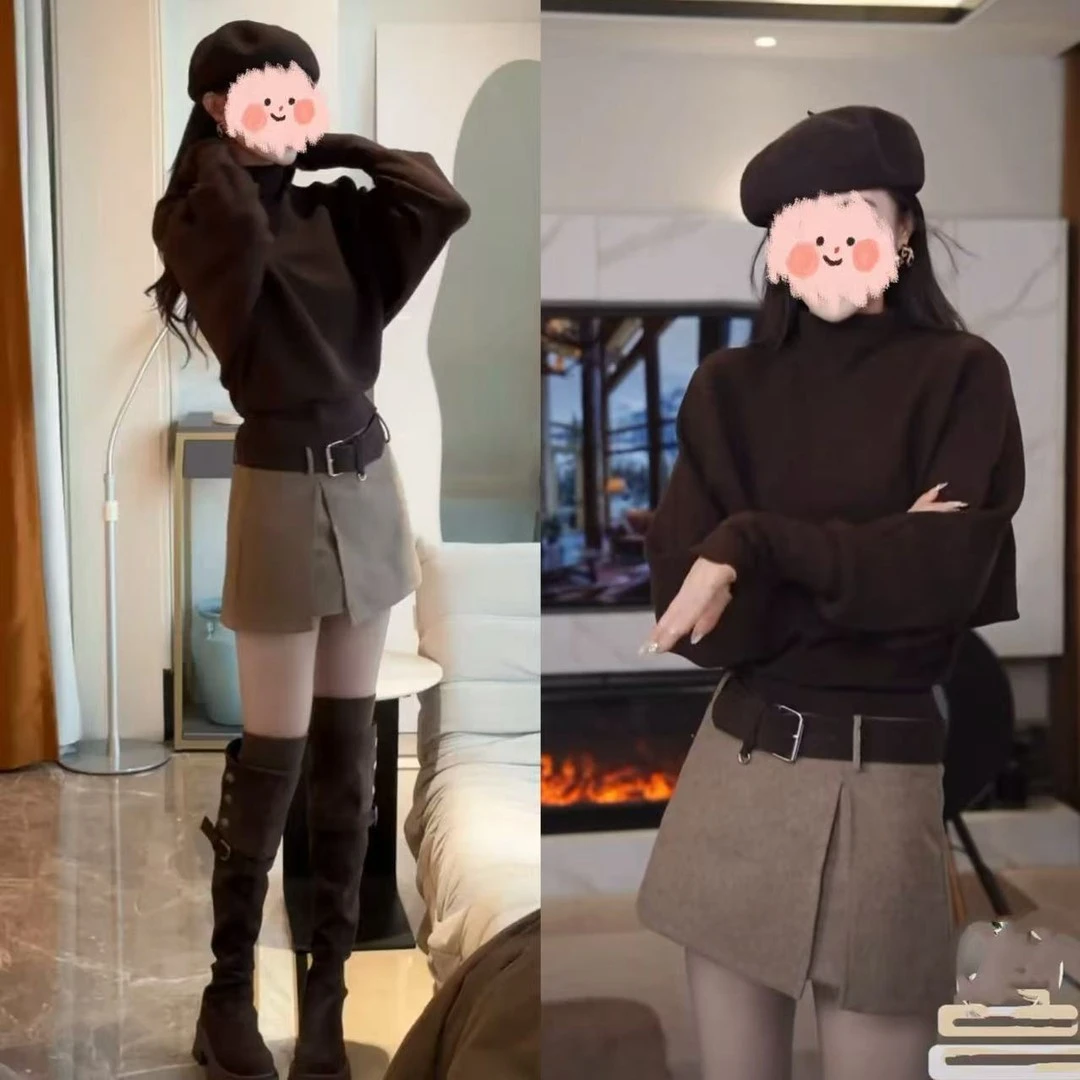 La babite时尚套装百搭高领蝙蝠袖小蛮腰毛衣开叉百搭半裙套装