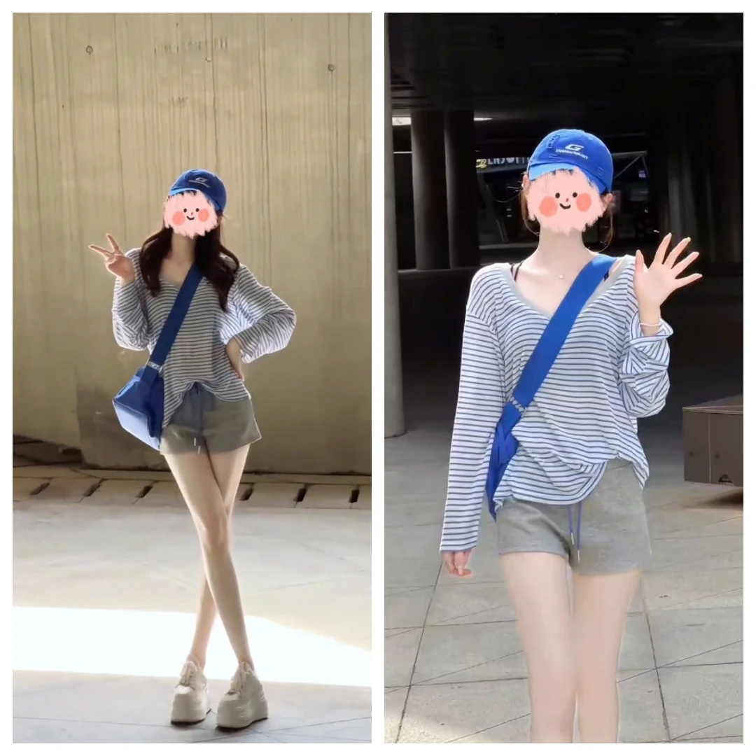 【仲夏晴空】休闲宽松莱塞尔条纹长袖上衣&收腰绑带短裤