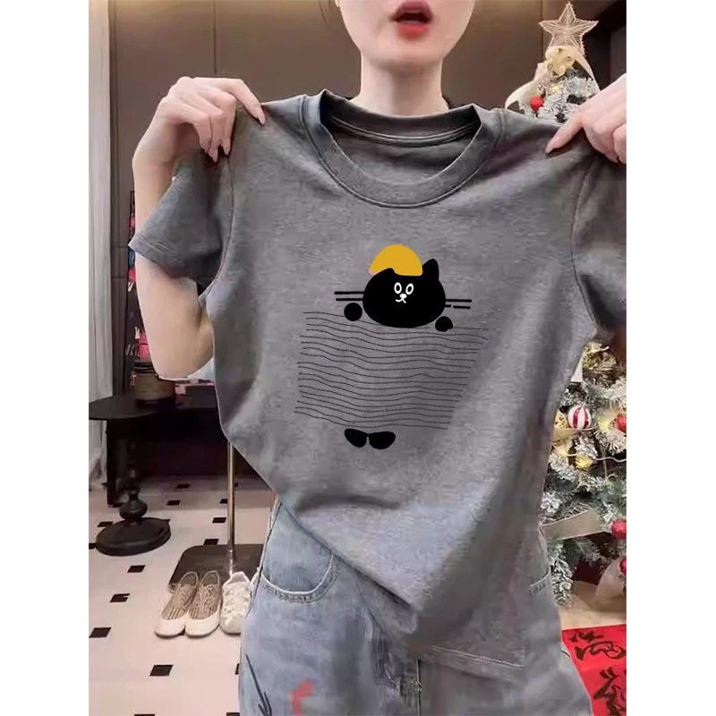 正肩圆领短袖t恤上衣女2025新款爆款灰色时尚休闲减龄打底衫上衣