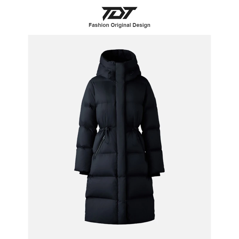 「TDT」连帽长款收褶收腰哑光保暖羽绒服外套女款