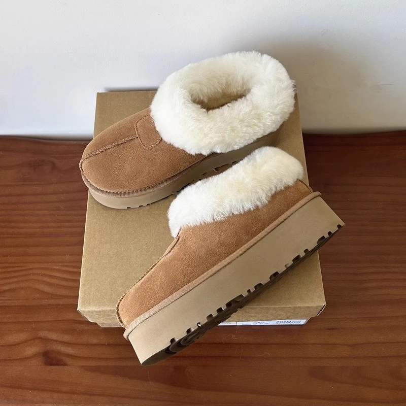 河南桑坡羊皮毛一体真皮羊毛松糕厚底一脚蹬雪地靴女冬季短筒短靴