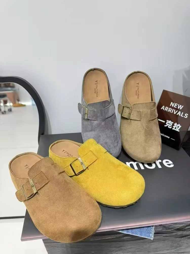 包头半托鞋女士春夏季博肯新款一字扣复古懒人增高鞋