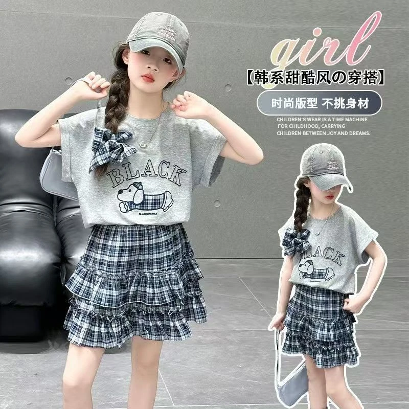 女童夏季套装裙2025新款韩版洋气小女孩卡通小狗上衣蛋糕裙两件套