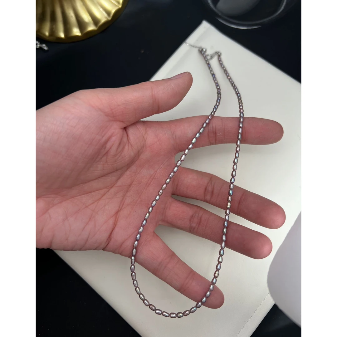 JUNMU天然色极细紫小米珍珠项链锁骨链baby珠颈链925银可叠戴颈饰