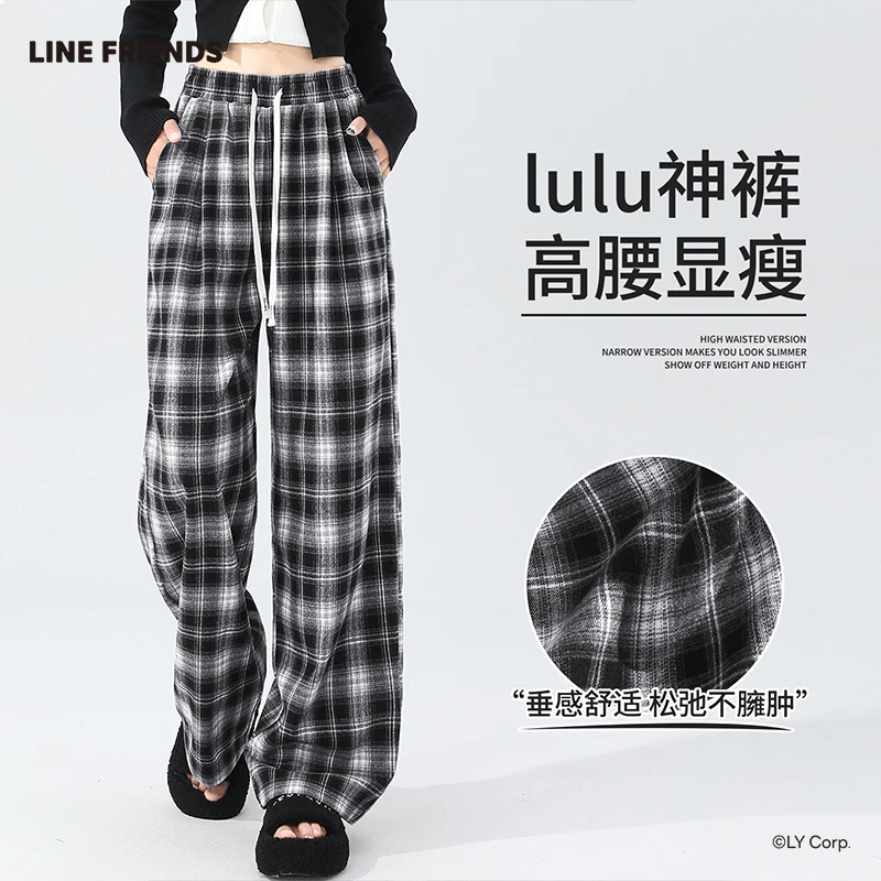LINEFRIENDS格子裤女2025秋季新款休闲运动裤大码胖mm复古阔腿裤