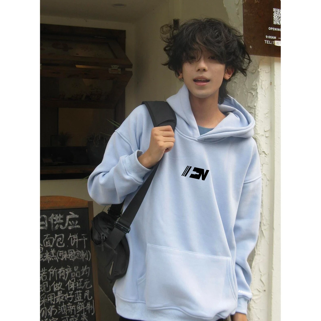 美式简约个性字母印花天蓝色连帽卫衣男女秋冬季休闲宽松情侣上衣