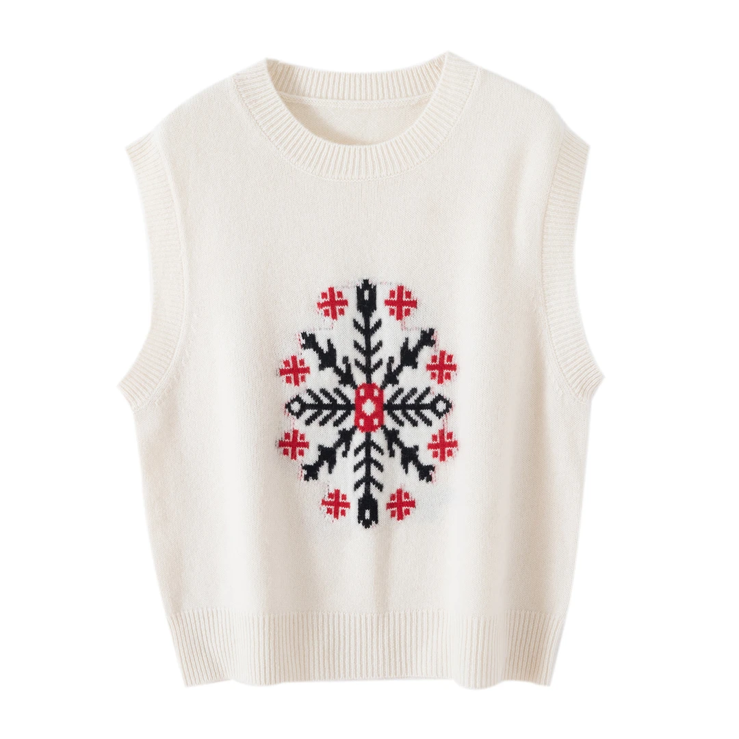 韩版软糯羊毛短款提花马甲圆领滑雪图案保暖百搭坎肩