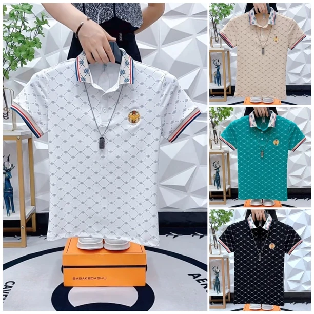 夏季休闲时尚新款男士修身翻领短袖T恤潮流帅气印花短袖