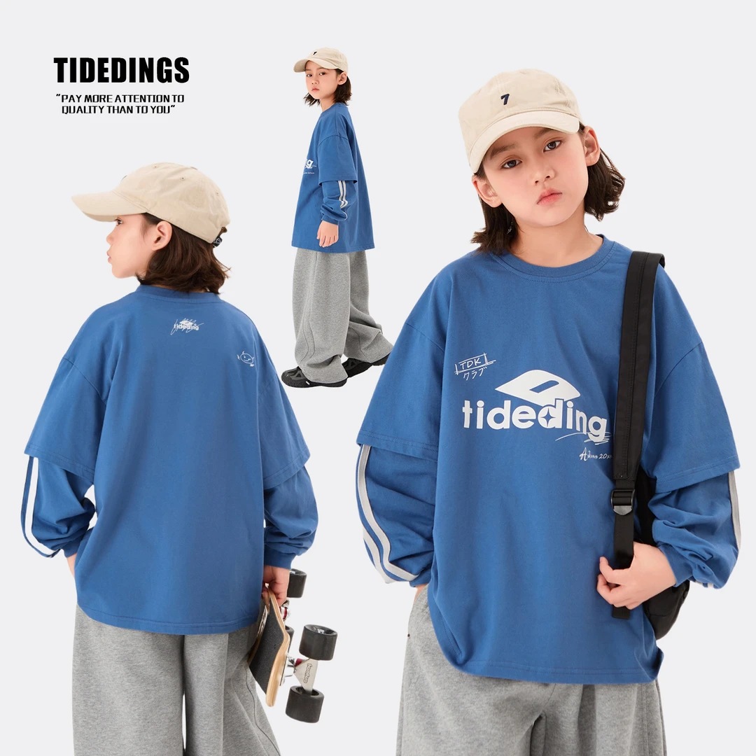 叮叮家男童秋款假两件长袖秋季童装上衣t恤中大童纯棉打底衫25319