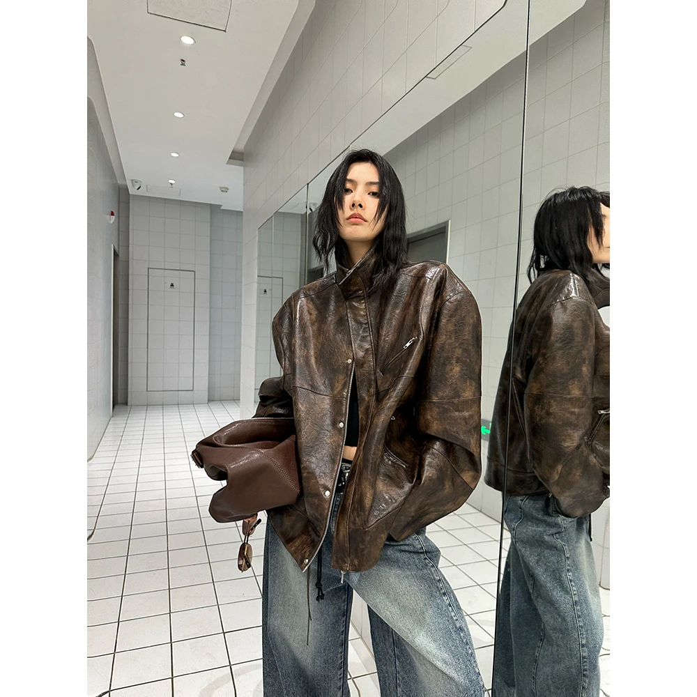 JCCC影子【咖啡涟漪】咖色晕染复古做旧廓形PU夹克外套JE5AOW14