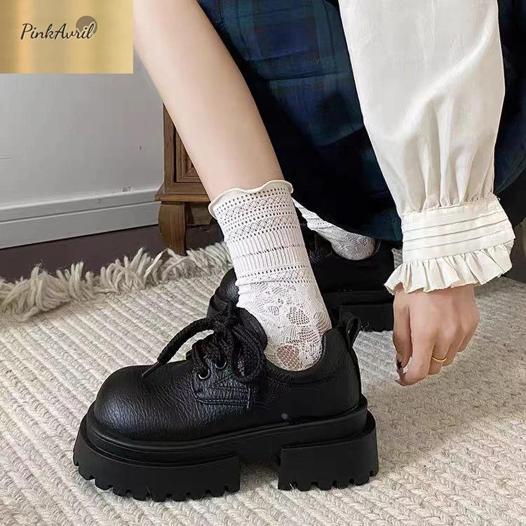PinkAvril2025感皮鞋小厚底皮鞋大头风乐福新款松糕增高英伦女秋