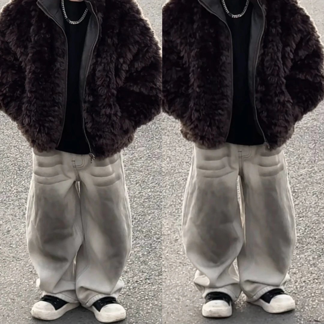 七乐乐家儿童秋冬款加绒宽松脏脏裤嘻哈重工水洗潮酷美式牛仔长裤