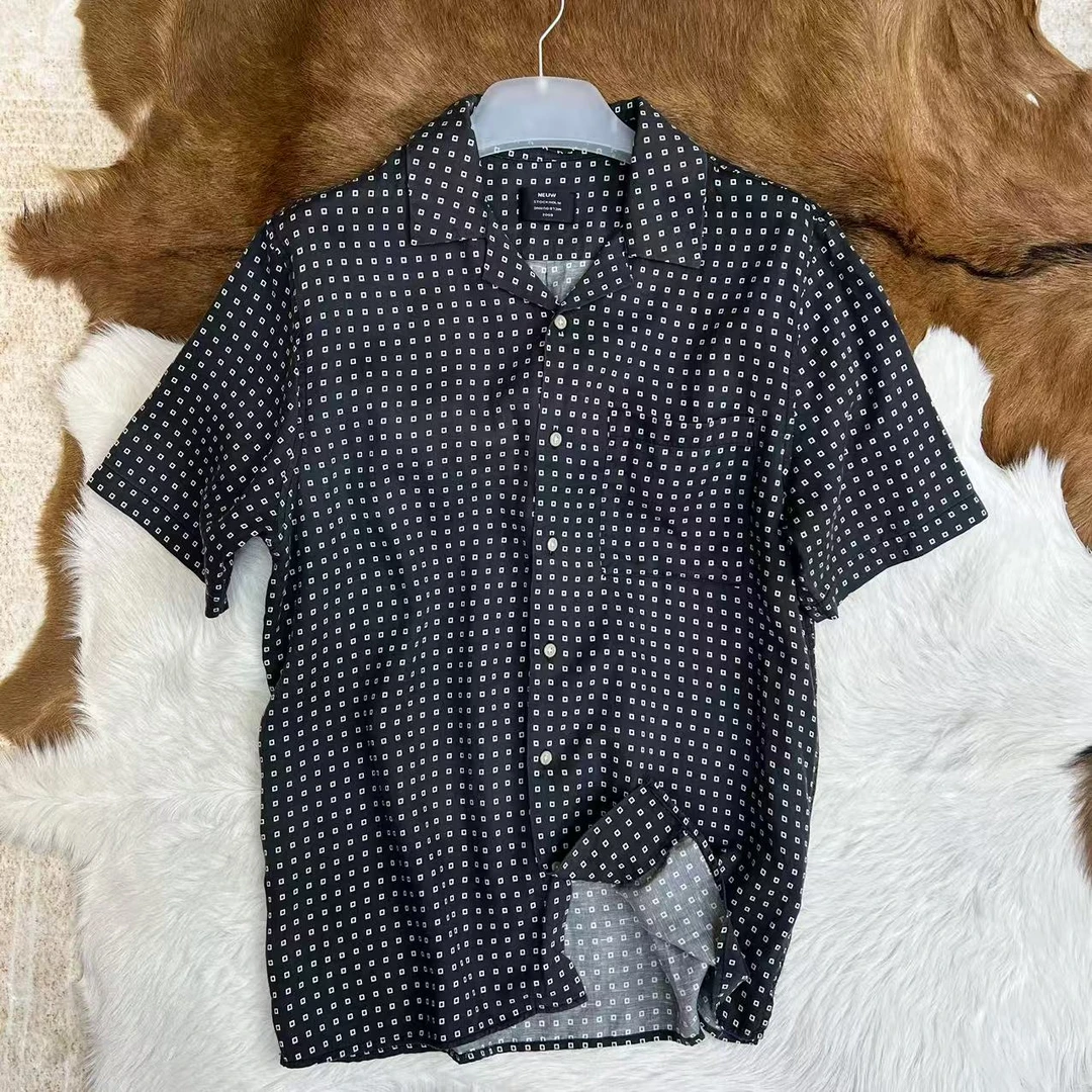 瑞典订单 亚麻天丝面料 男士丝滑垂顺 方格古巴领做旧短袖衬衫