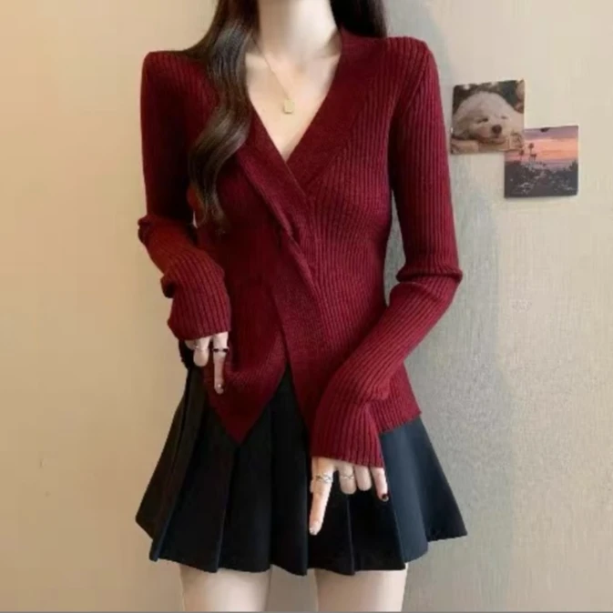 （9973）大码女装遮肚子V领长袖针织衫秋冬胖妹妹修身显瘦上衣