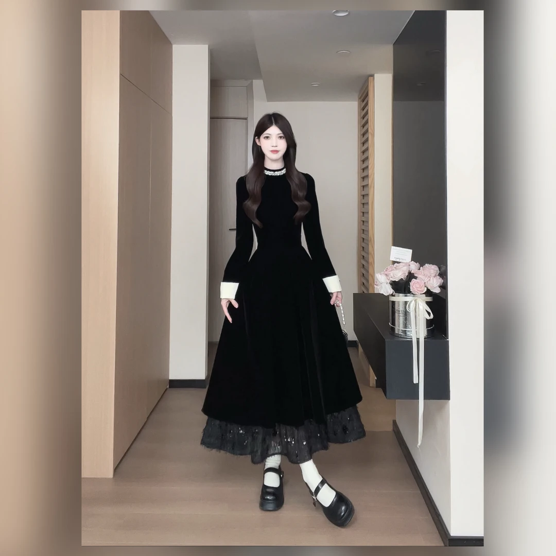 松本丧丧雅黑丝绒珍珠领拼色袖蕾丝边收腰温柔连衣裙B254Q2034