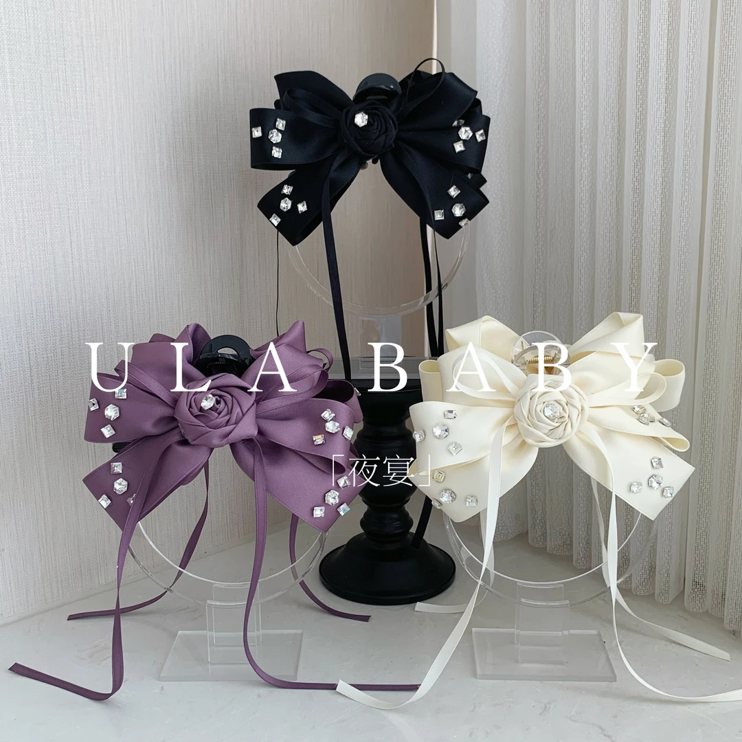 【喜儿ula】9-14-1「夜宴」气质缎面玫瑰飘带蝴蝶结仙气抓夹