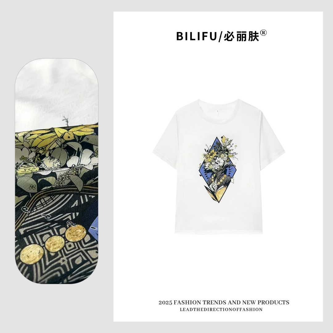 BILIFU/必丽肤TZ花卉设计印花AB面T恤春夏百搭桑蚕丝圆领上衣9018