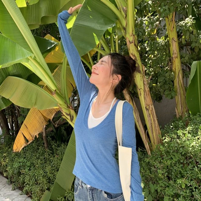 QYao Girls撞色拼接挂脖系带假两件舒适百搭显瘦内搭长袖T恤上衣
