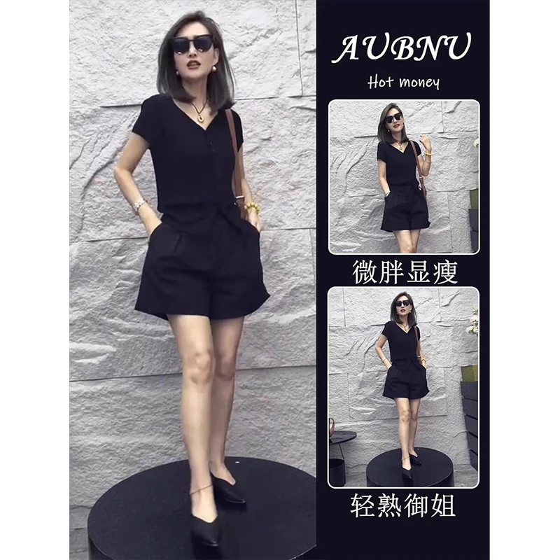 夏装搭配一整套胖mm显瘦遮肉短袖上衣休闲短裤盐系轻熟两件套装女