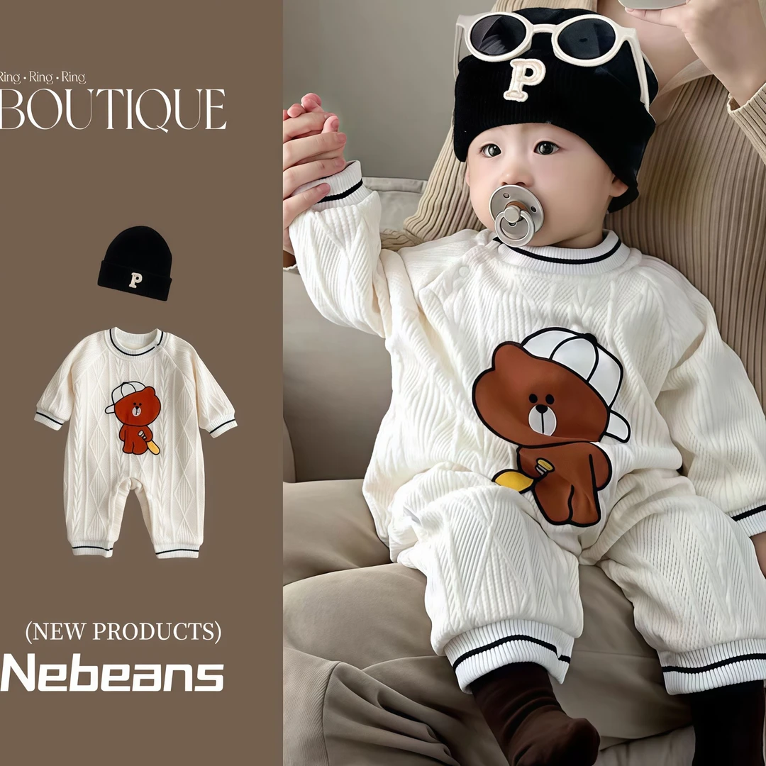 送帽子（现货）双层加绒秋冬洋气针织棒球小熊保暖男女宝哈衣外出服