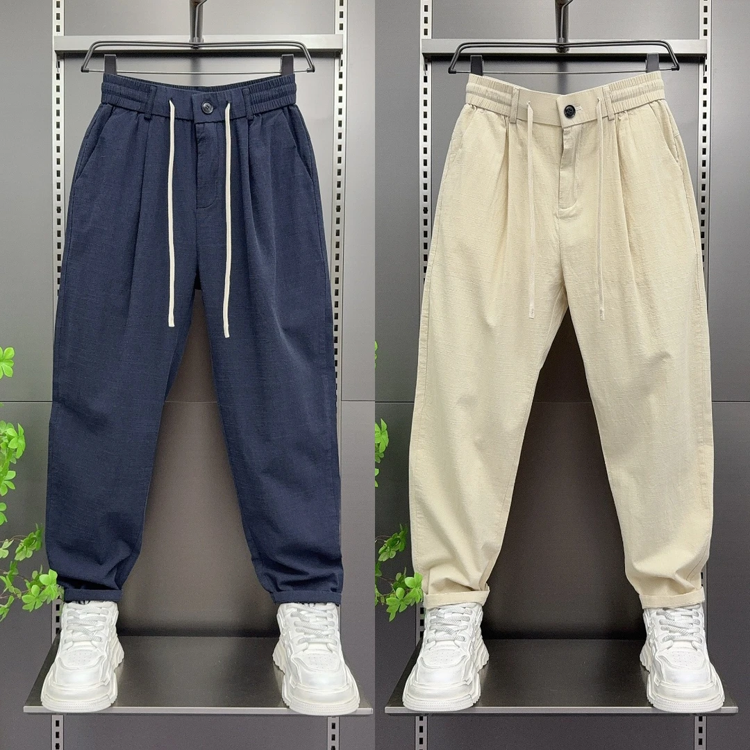 2025夏季薄款棉麻休闲裤男潮牌痞帅直筒哈伦裤美式宽松小脚老爹裤