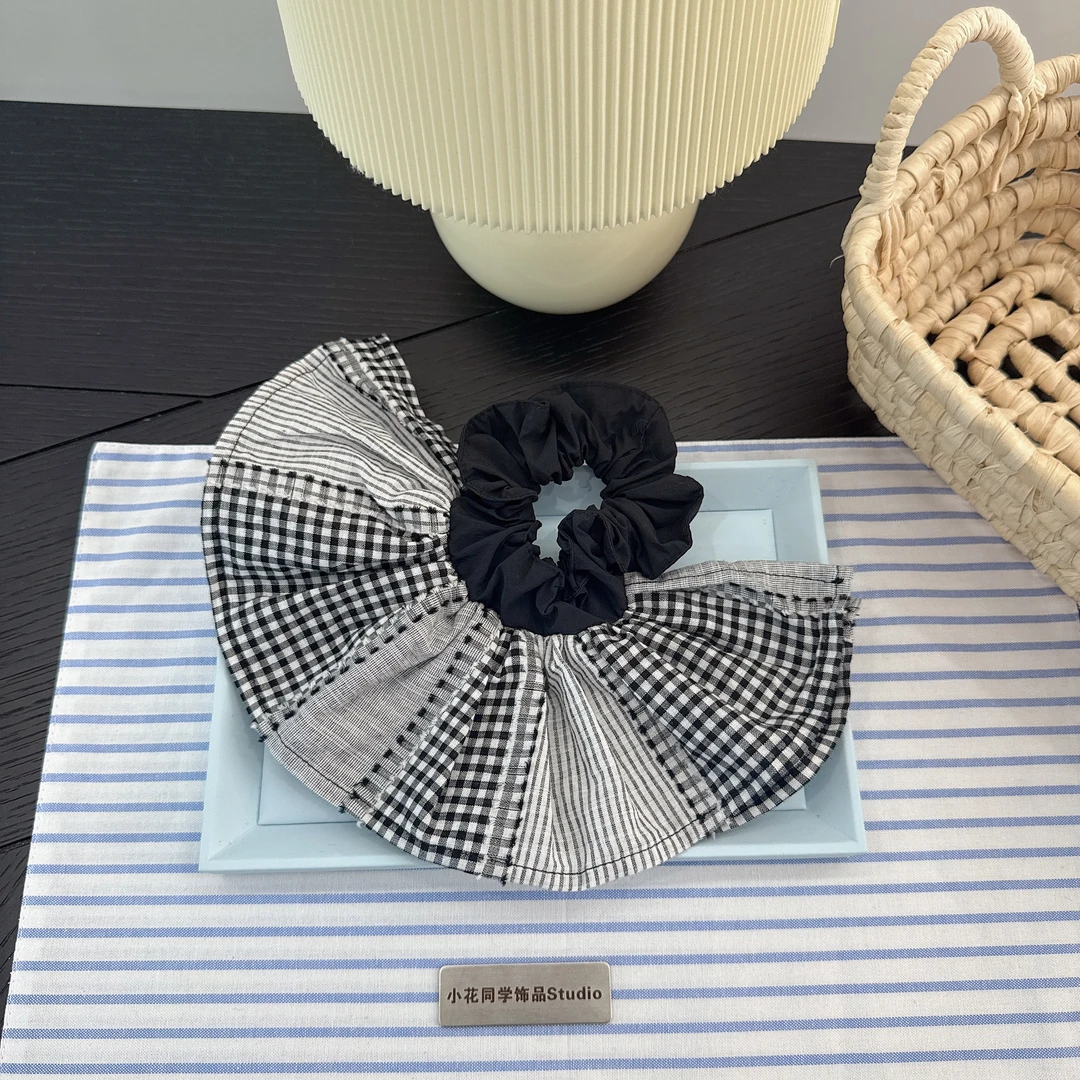 韩国发饰2025新款高级精致黑色防晒衣圈布艺格子公主裙发圈大肠圈