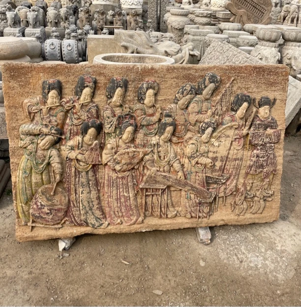 石雕彩绘散乐图浮雕，汉白玉，长1.38米宽83厚20