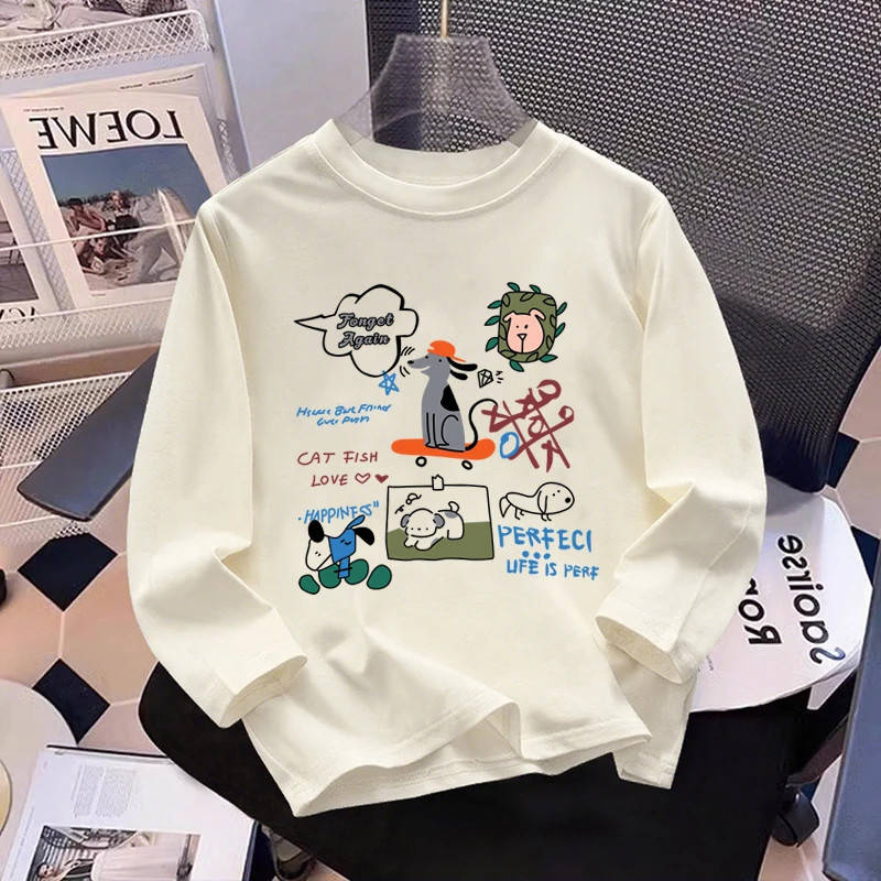 纯棉秋季新款儿童韩范休闲圆领长袖男女童卡通印花内搭打底衫上衣