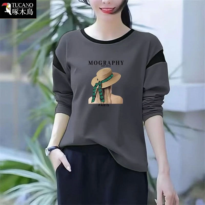 啄木鸟正品2026年纯棉圆领春秋季长袖T恤女减龄显瘦印花设计上衣